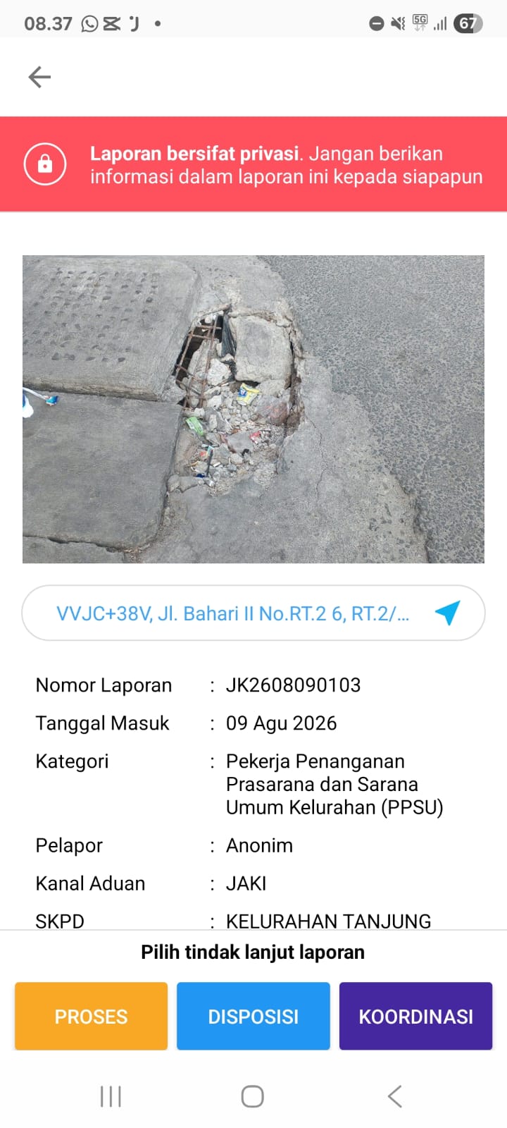Tindak Lanjut Customer Relationship Management (CRM) penutup saluran yang rusak atau berlubang sehingga menyebabkan saluran tersumbat 5