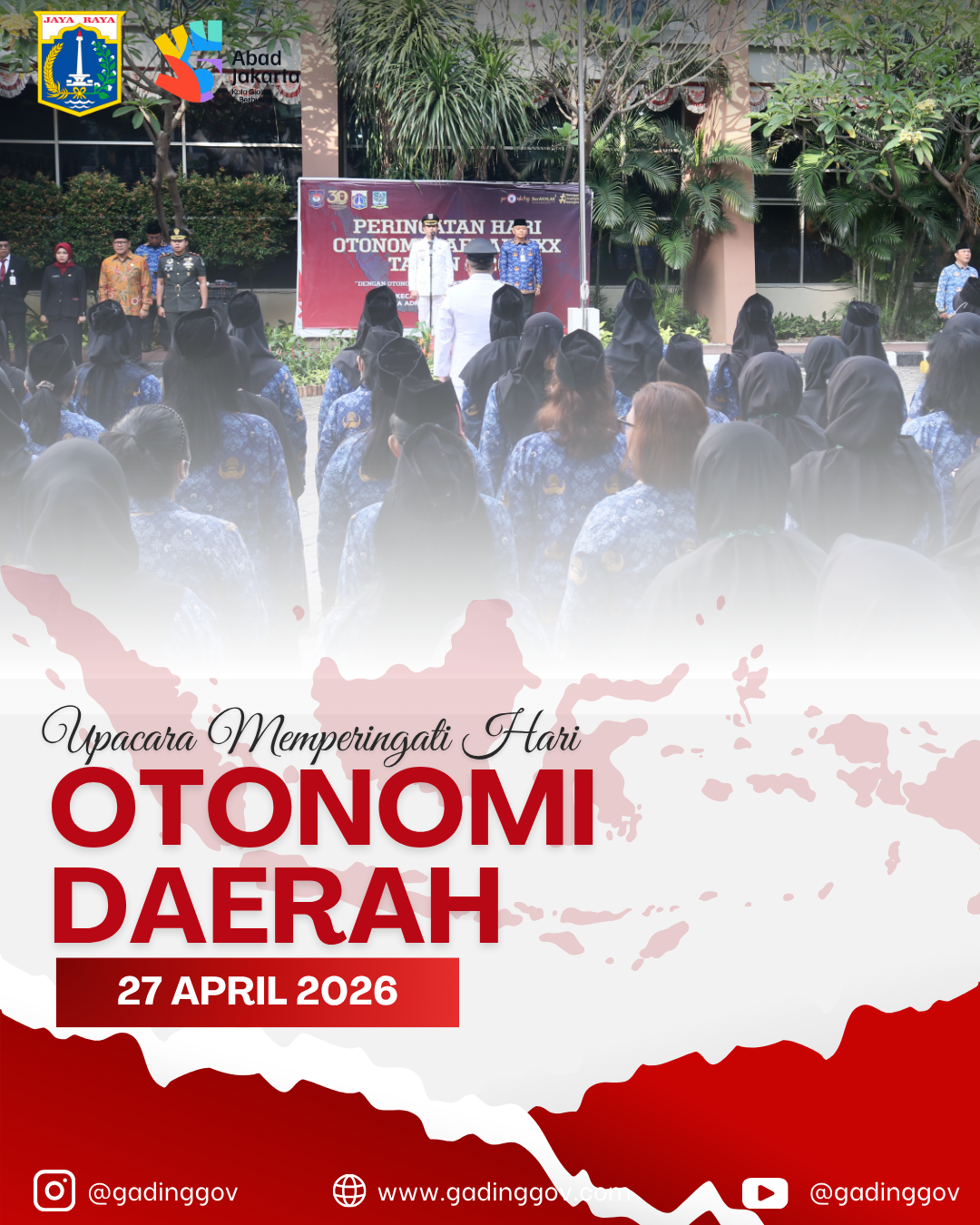Upacara peringatan Hari Otonomi Daerah Ke 30 Tahun tingkat Kecamatan Kelapa Gading, dengan tema "Dengan Otonomi Daerah Kita Wujudkan Asta Cita" berlangsung khidmat. Bertindak selaku Inspektur Upacara, Bapak DTM Rahmat Syahputra, Wakil Camat Kelapa Gading. 3