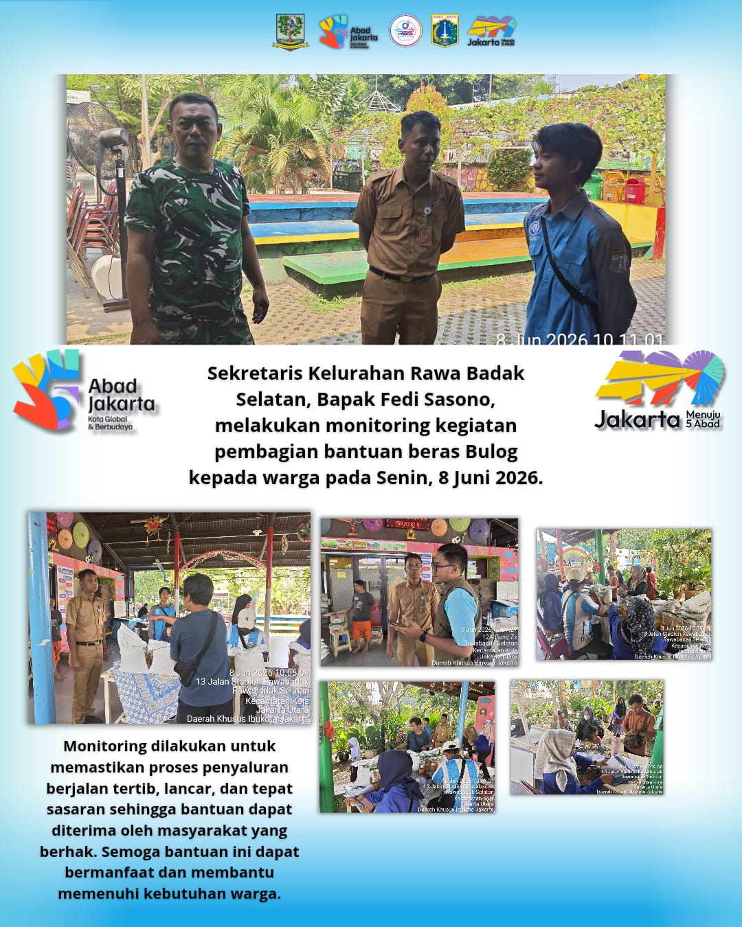 Sekretaris Kelurahan Rawa Badak Selatan Monitoring Pembagian Bantuan Beras Bulog 5