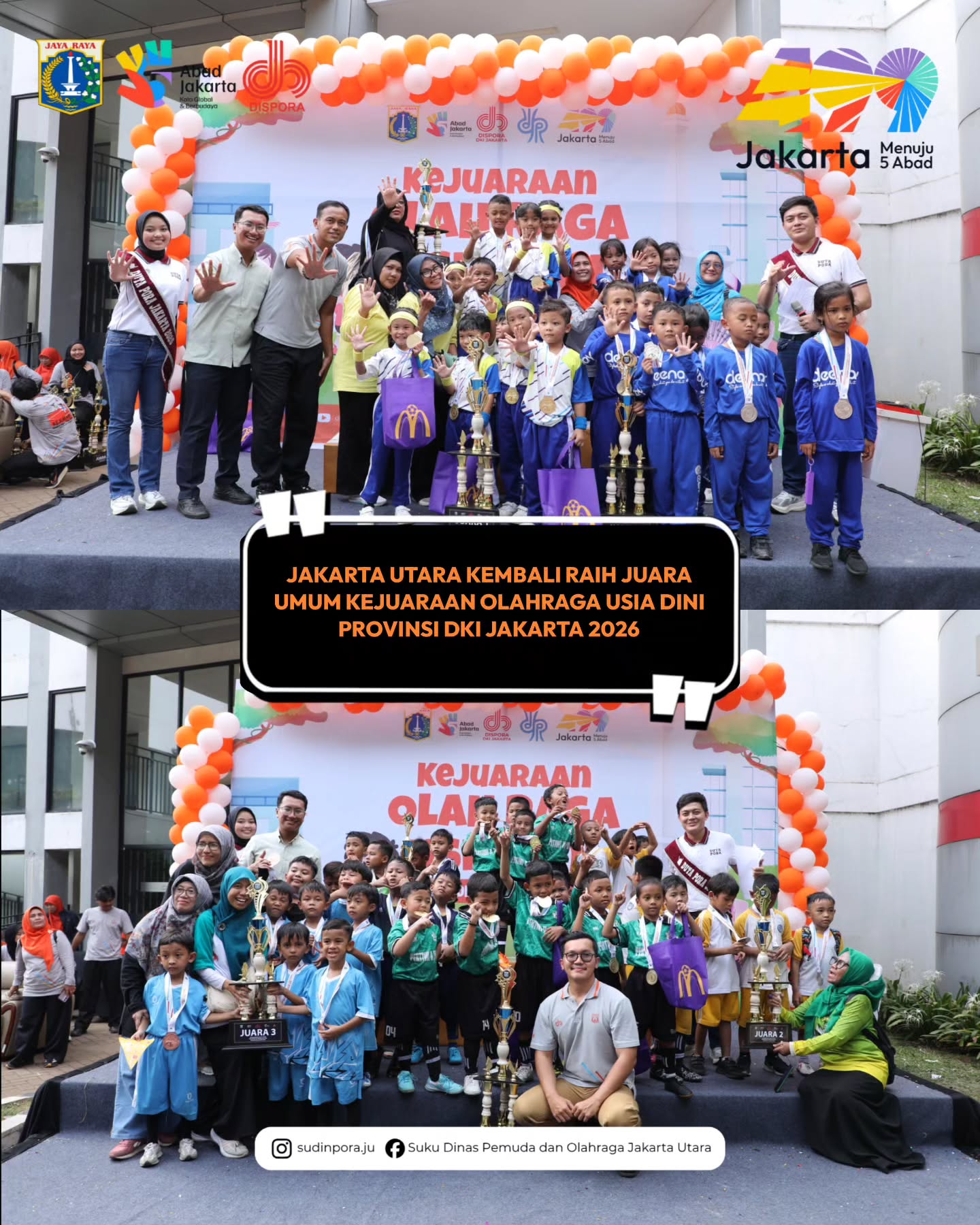 Jakarta Utara kembali berhasil mempertahankan gelar Juara Umum pada Kejuaraan Olahraga Usia Dini Provinsi DKI Jakarta Tahun 2026 13