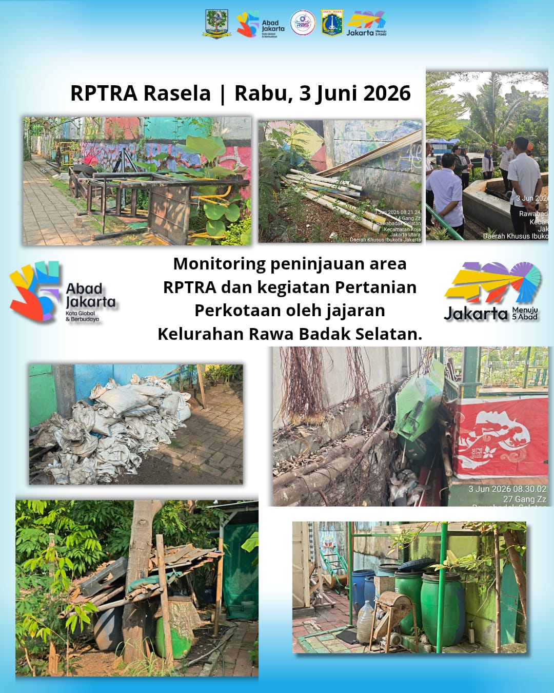 Monitoring Penyaluran Bantuan Beras Bulog dan Peninjauan RPTRA Rasela oleh Jajaran Kelurahan Rawa Badak Selatan 1