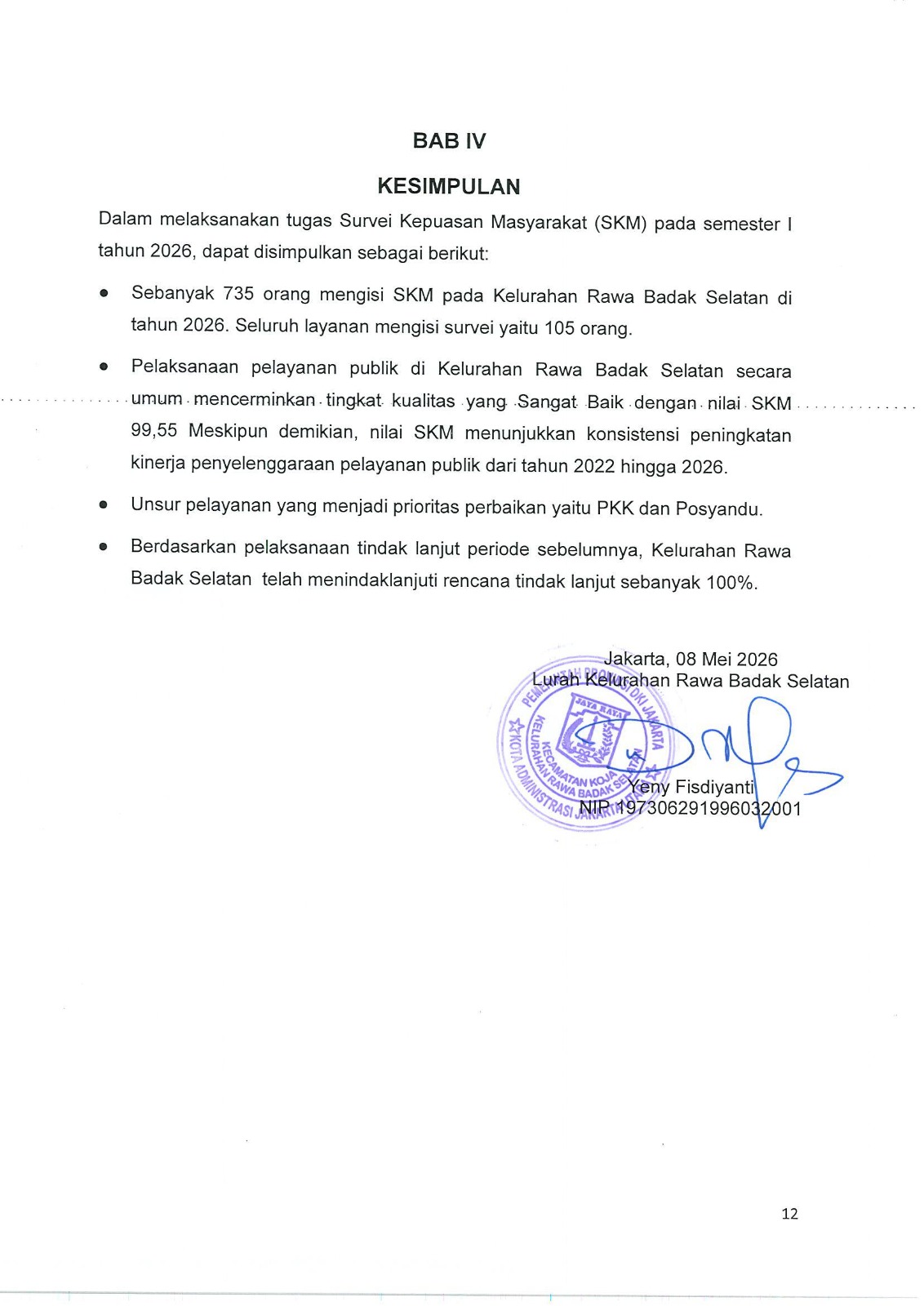 Survey Kepuasan Masyarakat Tahun 2026 Semester 1 Kelurahan Rawa Badak Selatan 1